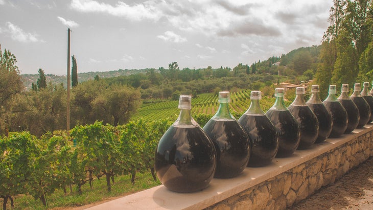 jugs of wine in southern france at a vineyard