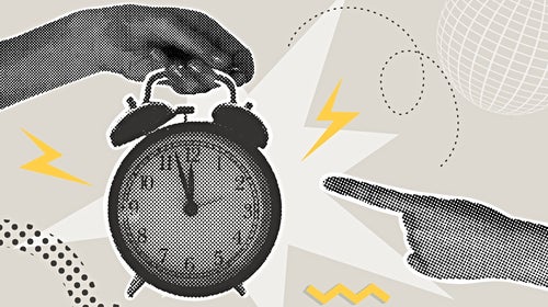 Trendy halftone collage. A hand holds a ringing alarm clock.