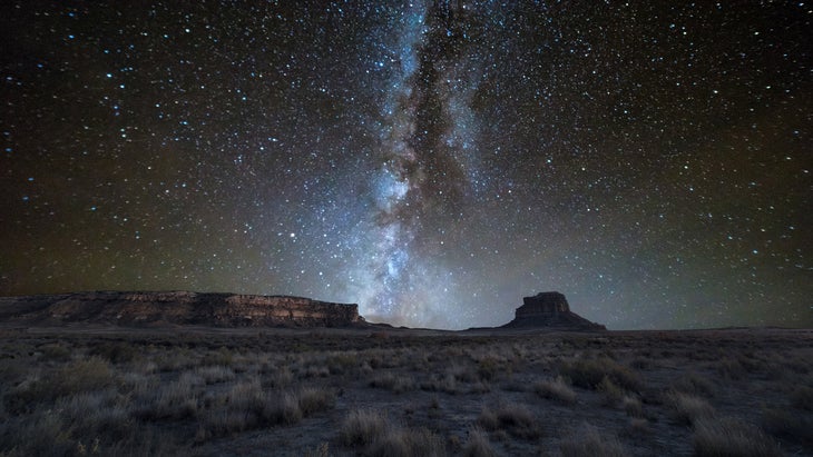 The Milky Way galaxy sets over Fajada Mesa at Chaco Canyon, New Mexico