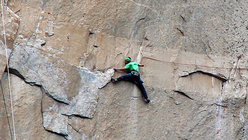 Jorgeson splays during a traverse on Dawn Wall.