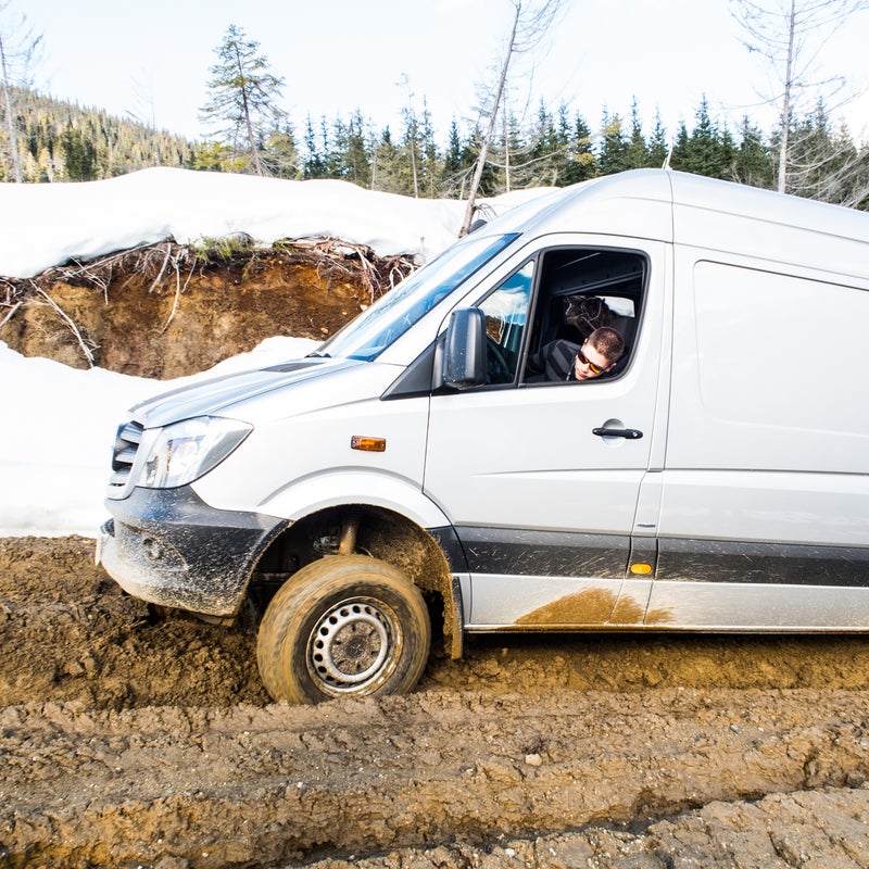 The Sprinter 4x4 is lifted 4.3 inches in front and 3.1 inches in the rear, but the ground clearance remains fairly low at 7.9 inches because of its conventional-truck rear axle. While raising the body improves the approach and departure angles, we’d go for a taller, more aggressive tire for better off-roading prowess. Some buyers will still want a lift kit.