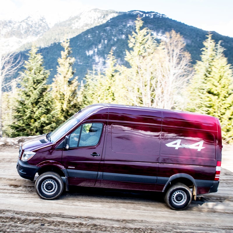 The 2015 Sprinter 4x4 offers multiple configuration options. More than 75 percent of purchases are customized at the dealership—you don’t have to go aftermarket like you would with a vintage Westy. You can get the Sprinter with a front bench seat, a second row, and a divided cargo space. It’s also available with either long or short wheelbases, with or without side-panel glass, and in a range of roof heights up to seven feet.
