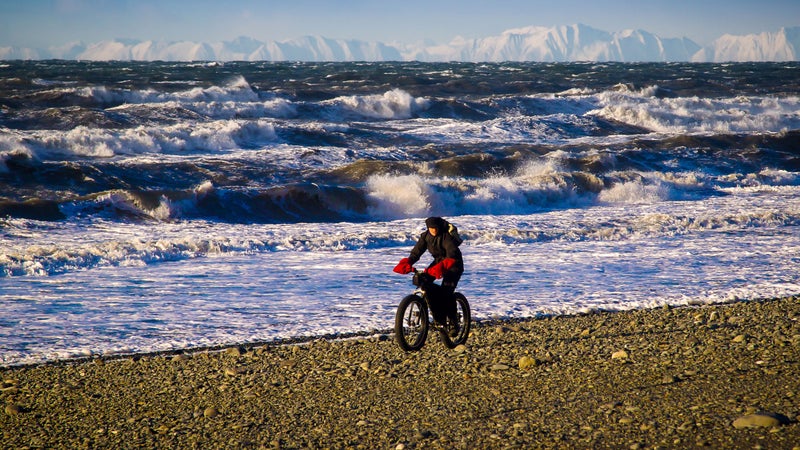 Fat biking on a beach near Homer, Alaska.