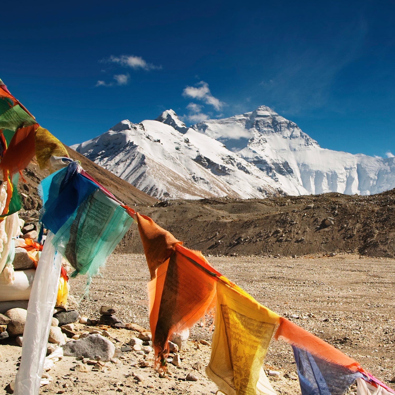 Buddhist prayer flags and mount Everest