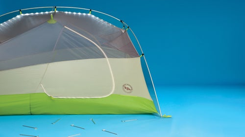 The Big Agnes Rattlesnake SL3 MtnGlo tent features embedded LED lights and simple setup.