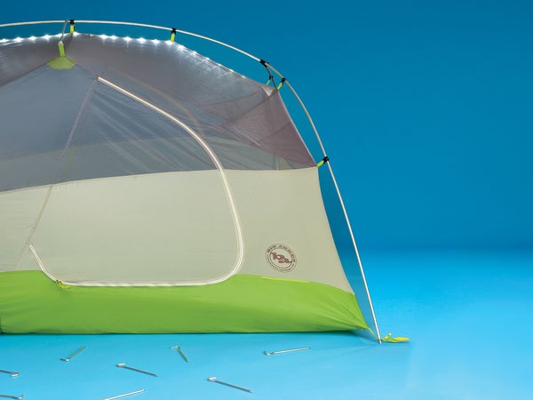 The Big Agnes Rattlesnake SL3 MtnGlo tent features embedded LED lights and simple setup.