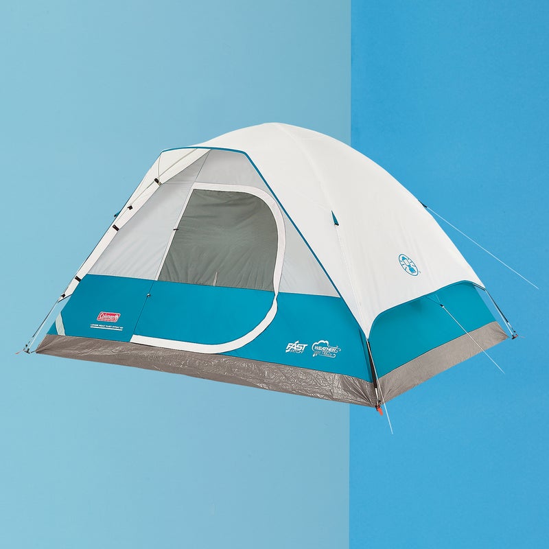 Best For: Car camping.
The Test: In a word—easy. Easy living, with lots of room for four, storage pockets, and a big door. Easy on the wallet ($110). And, as the name indicates, especially easy to set up. Permanently attached at the apex of the tent, the four half-poles slip into a huge junction box and then snap into large connection points at the corners. It’s one of the simplest setups we’ve seen—a couple of ten-year-olds had it up in minutes. Sure, it’s a bit heavy, and there’s no vestibule, but it delivers on its most critical function. And thanks to a partial fly over the top, highly water-resistant walls, and a reinforced floor, it kept everybody dry during a downpour.
The Verdict: Proof you don’t have to spend an arm and a leg to go camping. 9.7 lbs; coleman.com
Livability: 4.5
Sturdiness: 3