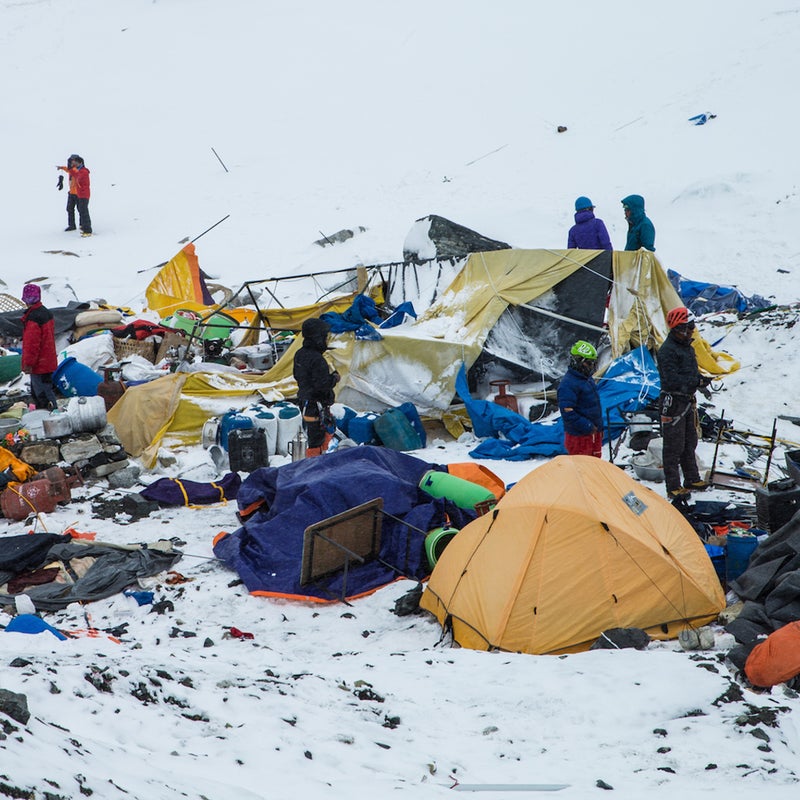 A scene of the devastation in Base Camp, where strong winds flattened tents and scattered debris.