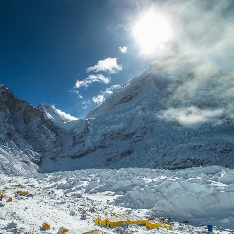 The avalanche and ensuing air blast began from the east, on the bordering peak of Pumori, and swept from west to east (left to right) across the north side of Base Camp.