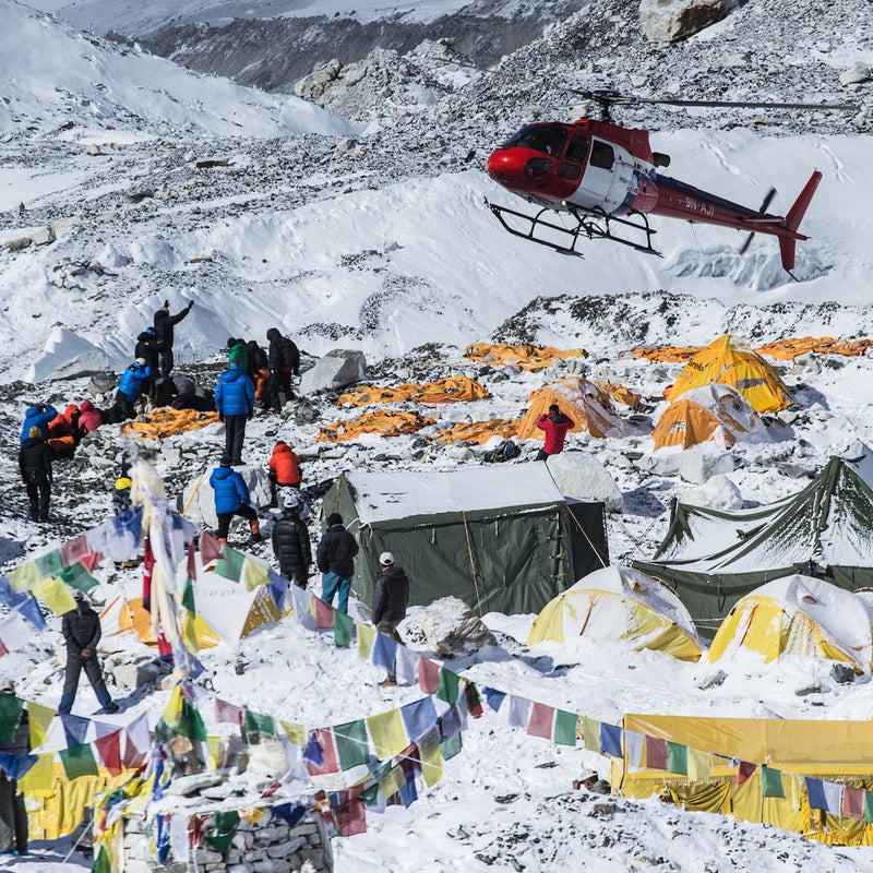 The first rescue helicopters were able to land at Everest Base Camp on Sunday, April 26, and successfully transported more than 50 of the most critically injured people to care in the villages of Pheriche, Lukla, and nearby hospitals. A photographer with 6 Summits Challenge, an international team of climbers lead by Nick Cienski, whom ϳԹ senior editor Grayson Schaffer spoke with yesterday, captured these images during the rescue efforts.  Photo: A rescue helicopter from Fishtail Air lands in Base Camp to evacuate the wounded.