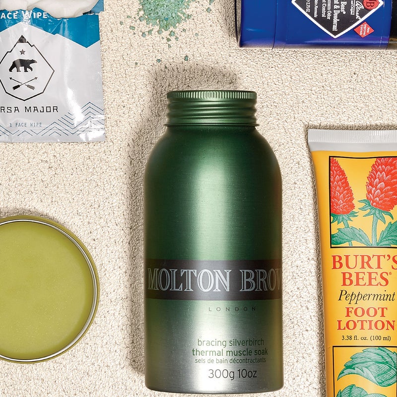 Don’t be alarmed when these crystals ($30) turn your hot bath kelly green. A soak in the woodsy-scented water soothes tired muscles and makes you feel like you just woke up from a nap. moltonbrown.com 