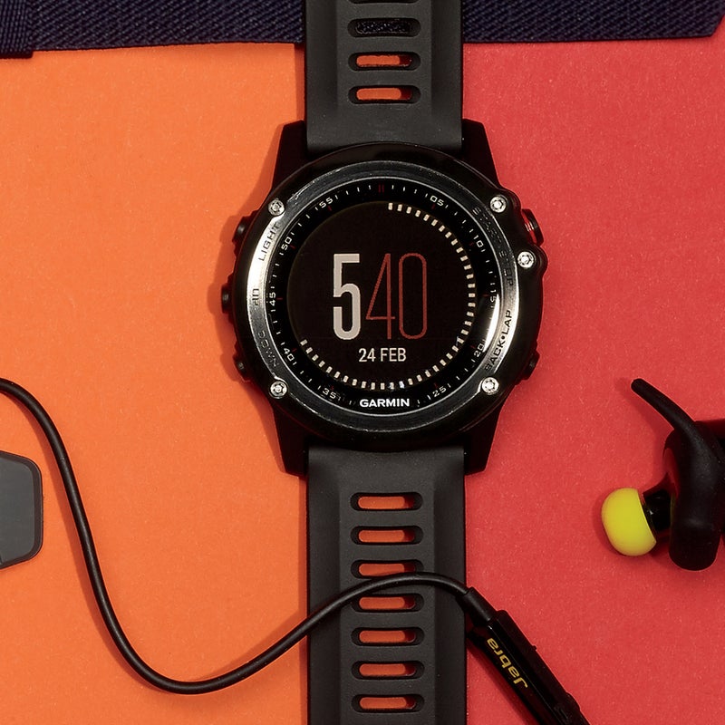 Best For: Multisport fanatics.
The Test: With GPS, ANT+ pairing with heart-rate straps and cycling power meters, sensors that capture running cadence and ground-contact time, a swim-lap counter, trackers for skiing speed and vertical distance, and an altimeter, barometer, and compass, this is a tool for athletes who mix up their training. Add text forwarding from your phone and the Fenix 3 ($500) is among the most capable devices here. You even get six weeks of battery life per charge. One hiccup: testers found it too chunky to be an everyday watch.
The Verdict: Everything you could possibly need in a tracker. garmin.com
Ease of Use: 3.5
Accuracy: 5