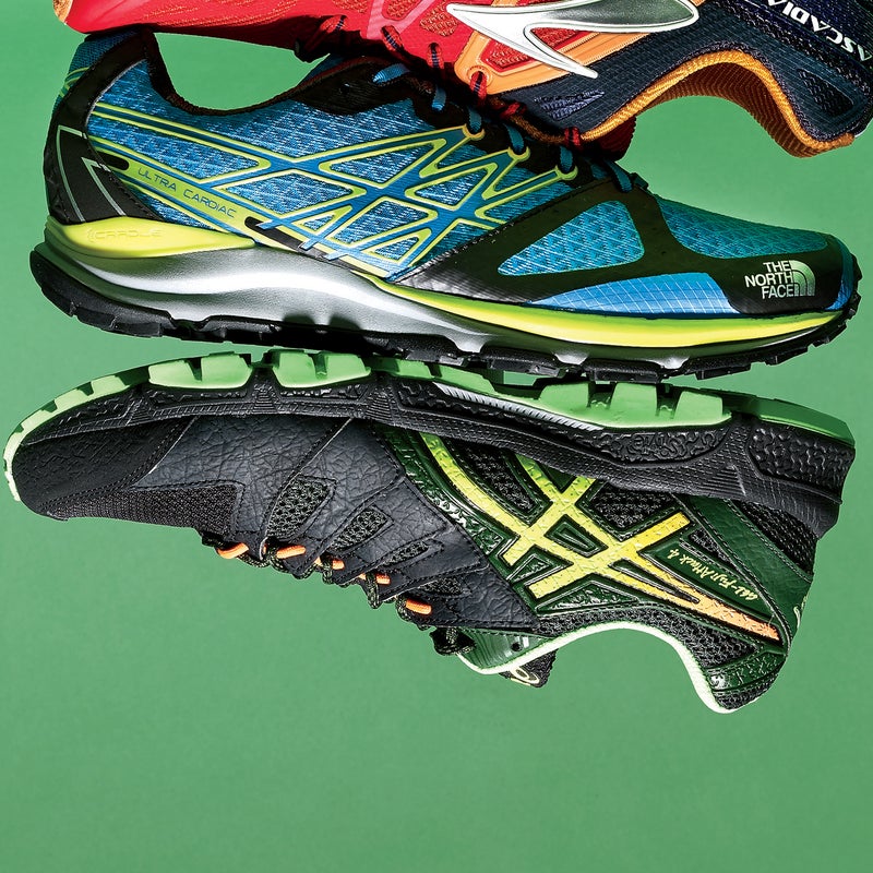 Best For: Flats, rolling hills, and long fitness runs. The Test: If comfort cruising is what you want, the Ultra Cardiac ($110) should be high on your list. Its soft, foamy midsole and low-profile Vibram lugs lend it an easy-rolling gait suited to all-afternoon scenic meanders in moderate terrain, although its agility and responsiveness are still fairly good. There’s certainly enough midfoot security for tricky descents, but some testers noted a wee bit more slippage than the snuggest shoe here allows, and a few sharp rocks poked through the thick foam.   The Verdict: “A shoe designed for the long haul,” as one tester put it. 9.7 oz; 8 mm drop; thenorthface.com Comfort: 4.5 Protection: 3.5