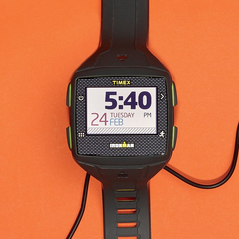 Best For: Running without your phone.
The Test: After uploading some tunes to the Timex ($400) (it has 4GB of music storage), we synced it to wireless earbuds and went for a run without worrying about missing an important text or taking a bad fall and not being able to call for help. How? The One has built-in 3G: it can send and receive messages, offers location tracking, and has an SOS feature. It can also upload data to cloud-based apps. But it’s as beefy as the Garmin Fenix 3, and you’ll need a chest strap for heart rate.
The Verdict: The most advanced runner’s watch you can buy. (A one-year data plan is included; subsequent years are $40.) timex.com
Ease of Use: 4
Accuracy: 5