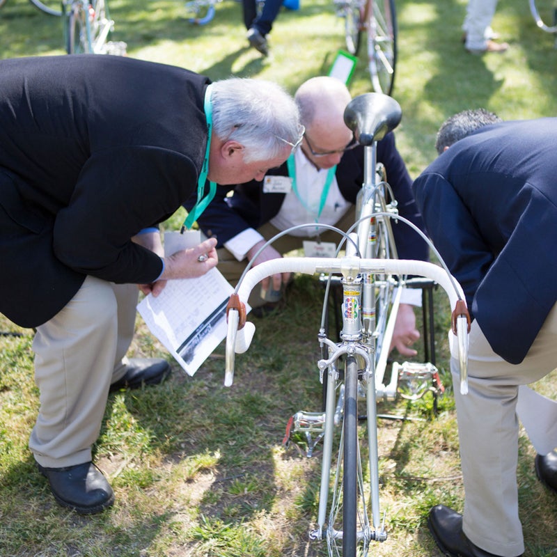 As much as for the ride itself, people come for the wider sense of pageantry, like the contest for best vintage bike. On Saturday afternoon, in a park in the center of Paso Robles, where the ride would begin and end, scores of seminal rides were on display, each accompanied by lovingly assembled historical documentation. People crouched down to ogle chainstays and dropouts. Conversational openers were on the order of: “Check out the brazing on those lugs.” An announcer tested attendees with trivia questions like: “What’s the first name of the builder of De Rosa bikes?” (It’s Ugo).