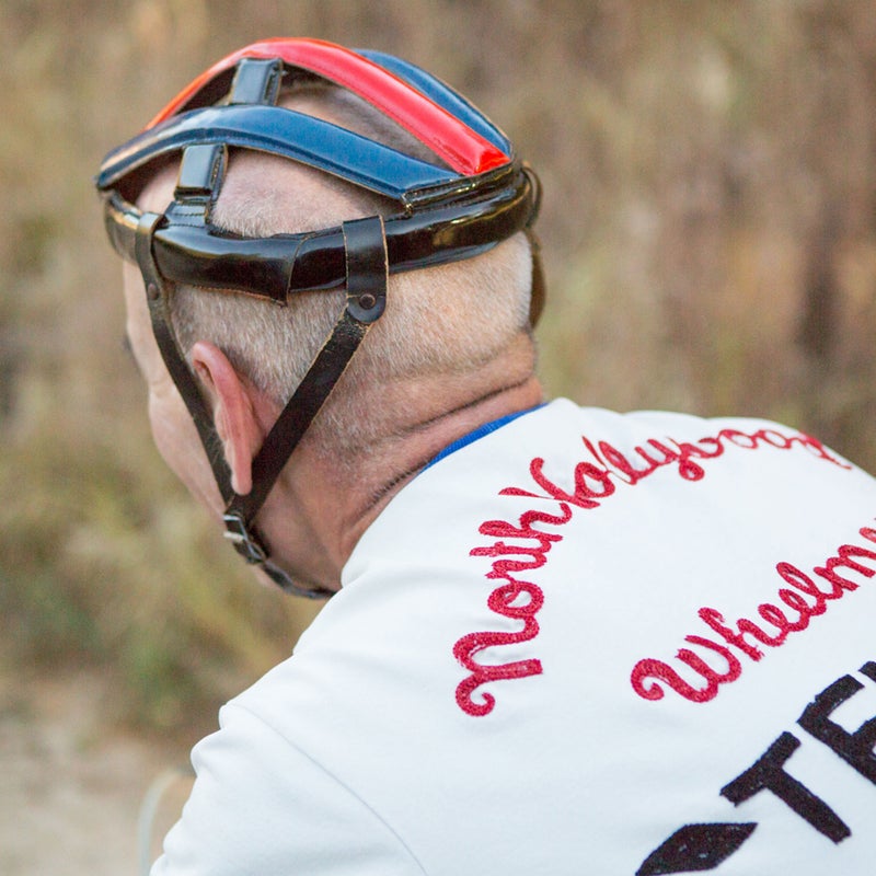 Helmets are a tricky detail at Eroica. Most riders didn’t wear them then, and many didn’t now. Some go for the most retro-looking modern helmet, while some, through some flea-market serendipity, acquire rare vintage contrivances.