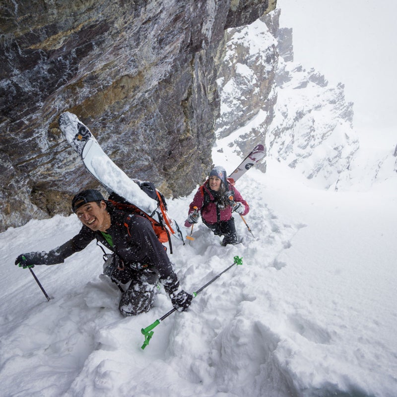 Chin and Monod bootpack up a perfect couloir on Surprise Pass, Alberta. Blowing snow made for some creamy turns on the way down.