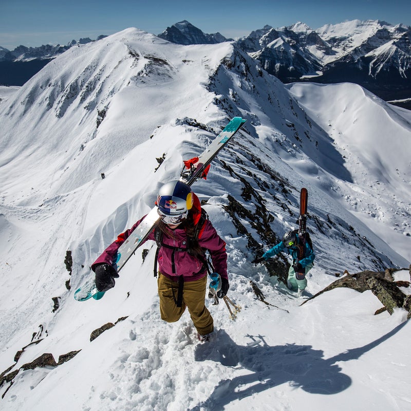 Monod hiking for turns on the northern boundary of Lake Louise Ski Resort, one of five lift-accessed ski areas within the boundaries of the national parks of Alberta.