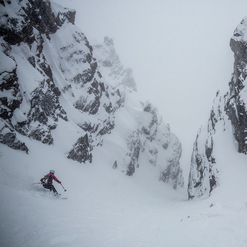 Monod throwing it down the white hallway off Surprise Pass, Alberta.