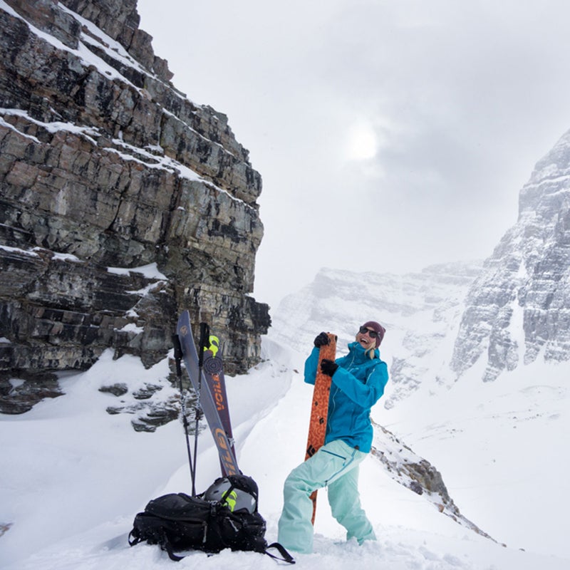 Thorien peeling her climbing skins near the summit of Surprise Pass—and having just a little bit of fun in the process.