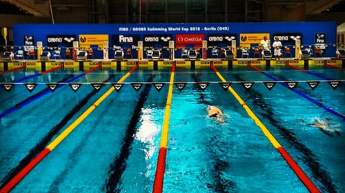 Shields swims in a 2012 meet in Berlin. Shields currently holds the U.S. short-course records in the 50-meter butterfly, 100-meter butterfly, and 200-meter butterfly.