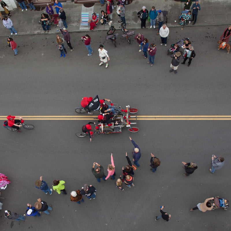 After three days of racing, competitors cross the finish line in the small town of Ferndale. Officials close the main street to let crowds welcome the sculptures.