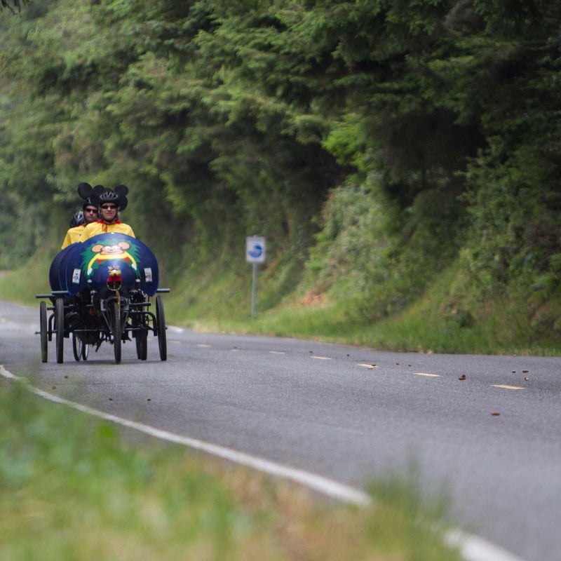 Much of the race takes place on rural county roads. The route forces sculptures up the Loleta Grade, a steep tree-lined climb. Most sculptures are geared low for sand and mud and have no problems on the hills.