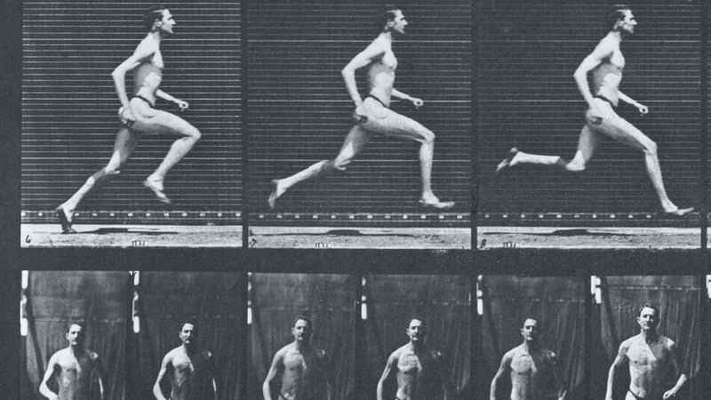 black and white photo collage of a man running