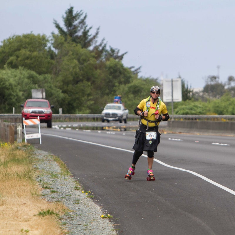 Rather than build a pedal-powered sculpture, some racers opt for simpler machines. Technically, competitors’ feet aren’t supposed to touch the ground. Though it doesn’t qualify for an ACE, roller-skating 40 miles has its own challenges.