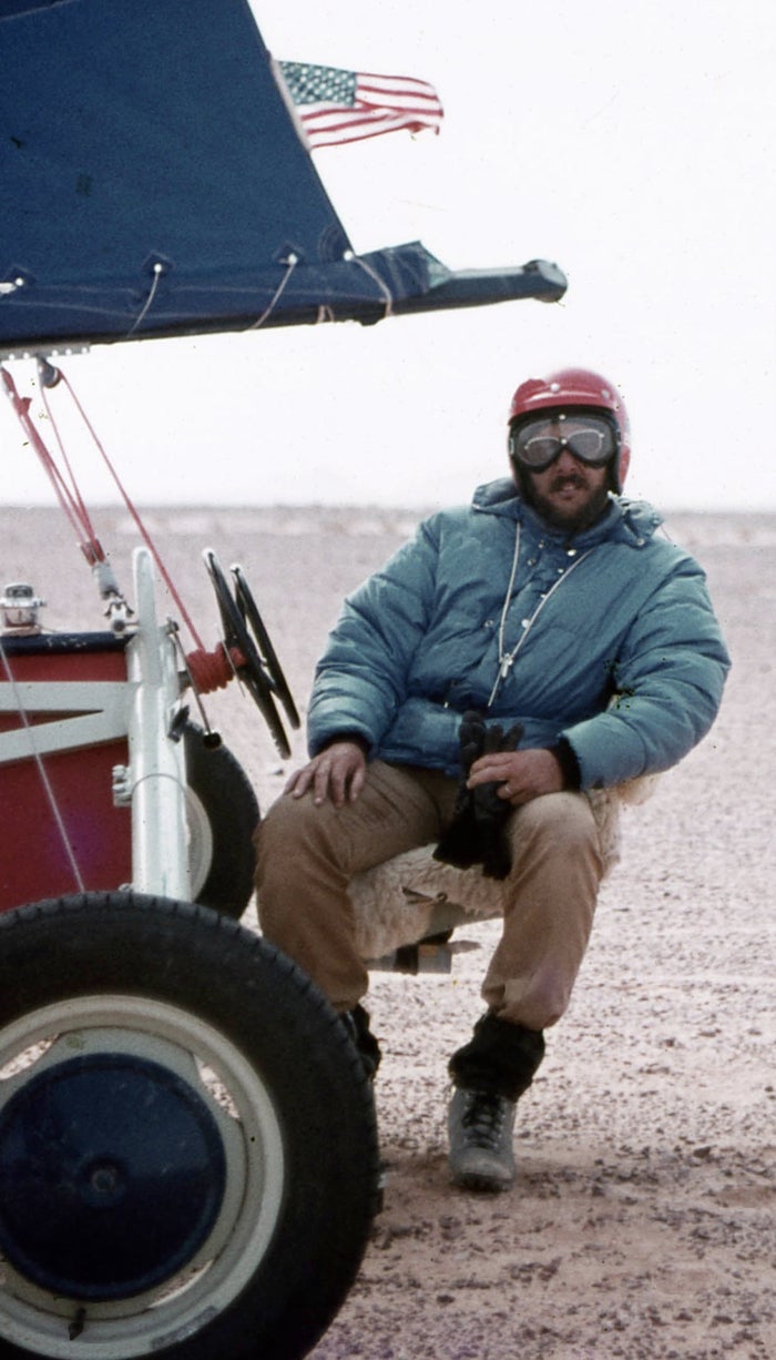 Pilot Don Rypinski on his Windraider land yacht.