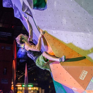Jan Hojer (pictured here in a 2014 competition) beat Nathaniel Coleman and Adam Ondra at the Bouldering World Cup in Vail.