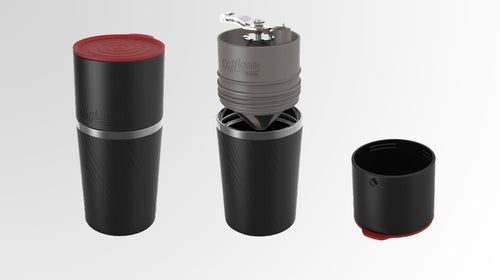 The Cafflano Klassic includes a drip kettle, hand mill grinder, metal filter dripper, and tumbler.