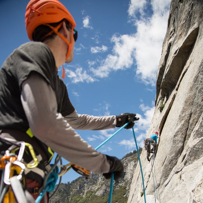 Adrian belaying me on pitch 11 during day one of our attempt.