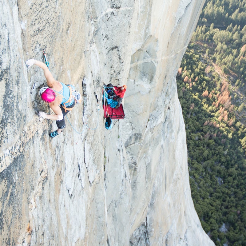 The list of Emily Harrington’s climbing achievements is long. She was the second American woman to complete a 5.14b graded route and has summited Everest, but her latest project on the granite walls of Yosemite’s El Capitan may take the top spot. For six days this spring, Harrington free-climbed—using ropes only to catch falls—up 40 pitches of El Capitan’s Golden Gate route before reaching the top on May 31. With the support of her boyfriend and mountain guide Adrian Balligner, in addition to a photo and video team of Jon Glassberg and Walker Emerson, Harrington completed one of the more impressive free climbs in women’s rock climbing history. Here, Harrington walks us through her route and life on the big wall.  Harrington: At the crux of “The Move,” which is the first 5.13 pitch on Golden Gate and a couple days into the climb. It requires a stressful few moves involving holding two tiny opposing holds and pulling out on them. The movement reminded me of trying to pull apart two elevator doors and took me several dozen tries to do successfully.