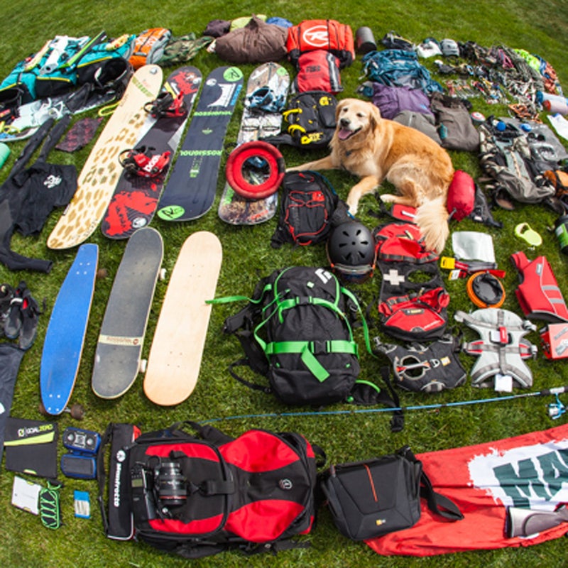 Kites, speakers, BB guns, climbing gear, flashlights, headlamps, a tent, chairs, a table, skateboard, longboard, snowboard, spiltboard, kite board, wetsuits, surfboard, flags, sunglasses, fishing pole, backpacks, protein…You get the idea. All this packed into a space smaller than 100 square feet.