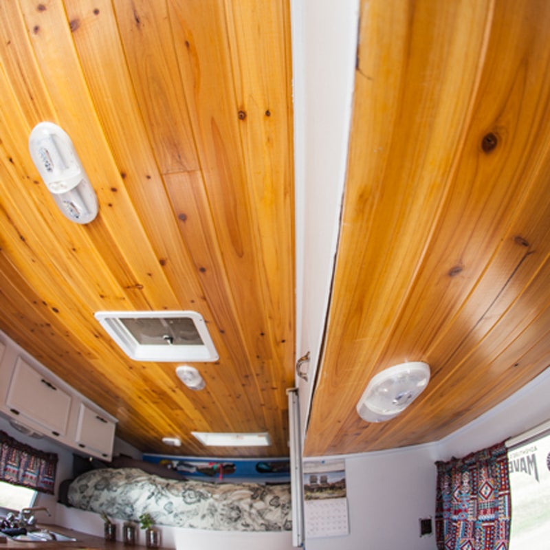 I used a Tung and Groove ceiling, with planks that lock into one another, in my camper: it’s lightweight and flexes with the contours of the ceiling, which is great because the roof isn’t level. I stained the cedar with Amish oil, and finished it with a coat of polyurethane to make the wood shine.