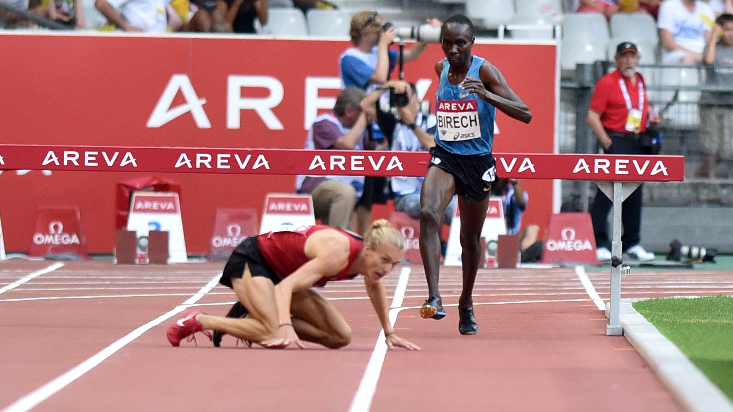 Jairus Kipchoge Birech and Evan Jager during the Men's 3000m Steeplechase race at the IAAF Diamond League Areva Athletics meeting on July 4.