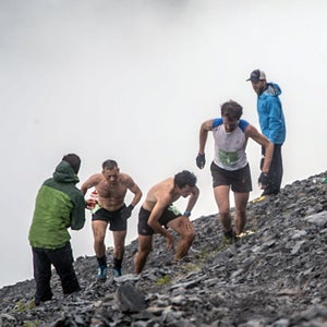 Kilian Jornet (center) was the first non-Alaskan to win Mount Marathon.