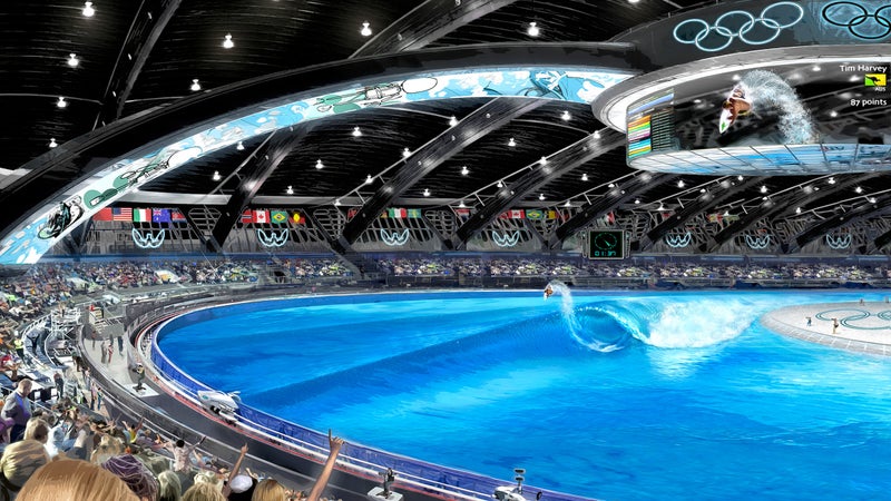 Concept art for an indoor competitive surfing wave pool.