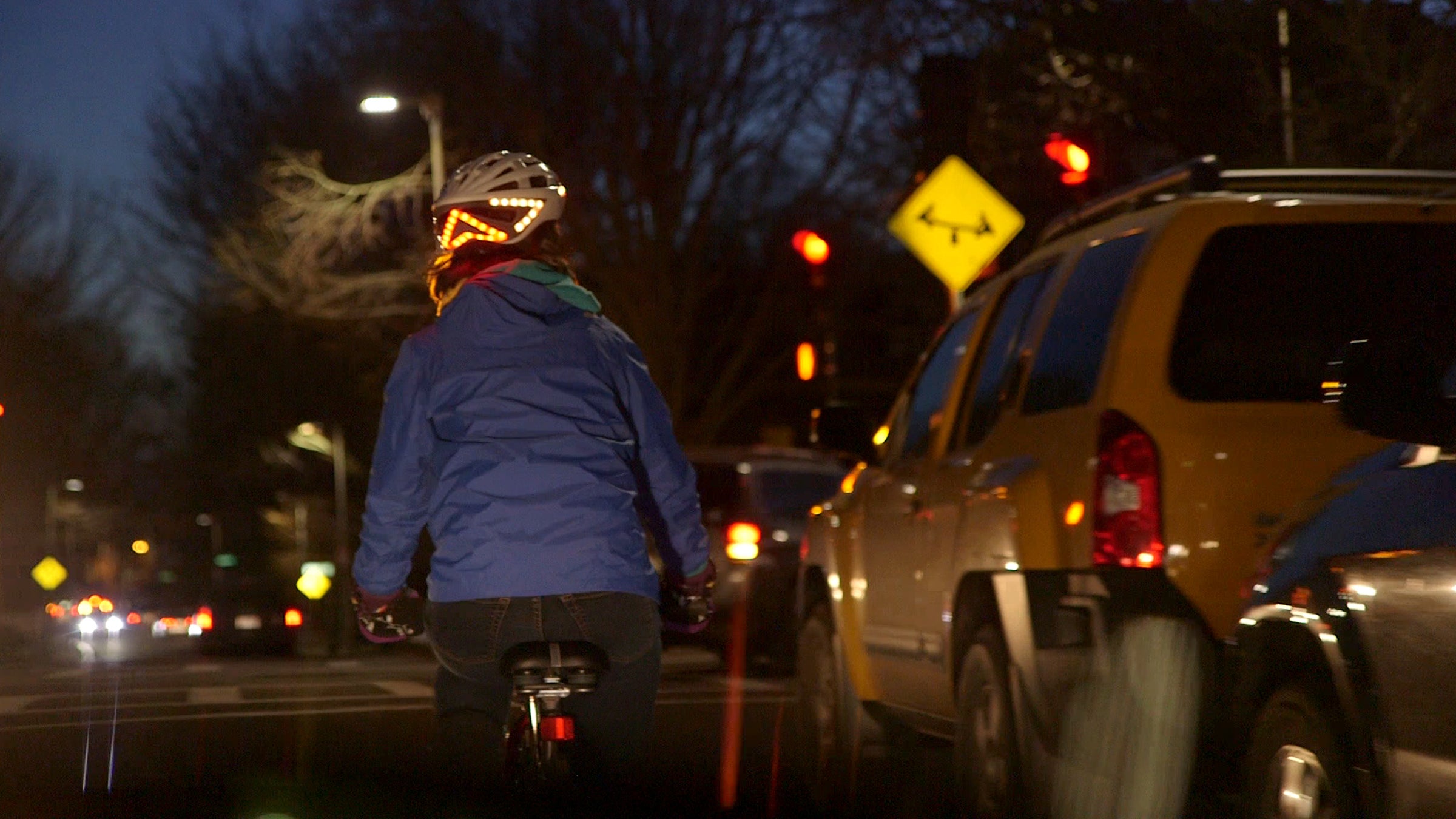 Lights on the back of the Lumos helmet alert drivers when a rider brakes or is about to turn.