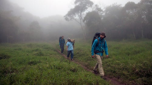After establishing multiple highlines in the northern section of the mountain range, we headed south to explore the country鈥檚 caves. This brought us into the cloud forests of Mexico. The man in the middle is a local who volunteered to help us carry gear.