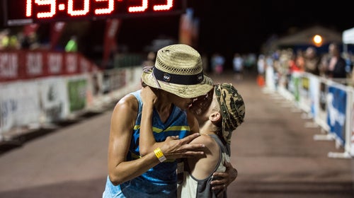 Magda Boulet and son Owen at the finish line of the Western States 100 Endurance Run.