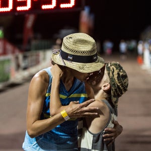 Magda Boulet and son Owen at the finish line of the Western States 100 Endurance Run.