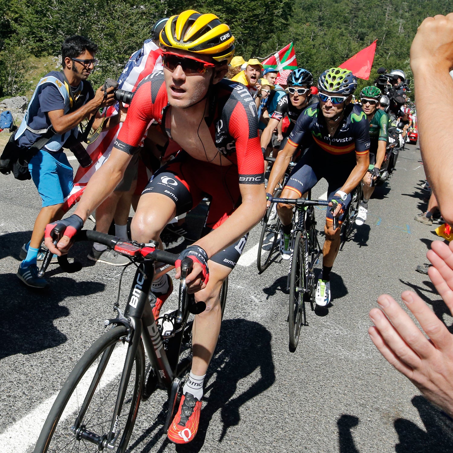 Tejay van Garderen (front), followed Spain's Alejandro Valverde, climbs toward La Pierre-Saint-Martin during the tenth stage of the Tour on July 14.