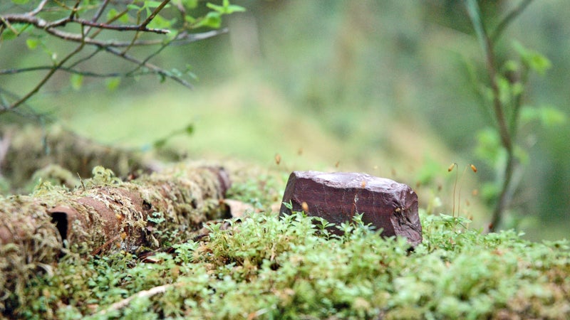 The original red stone marking the quietest square inch in the United States, in Olympic National Park. It was stolen by vandals in 2009.