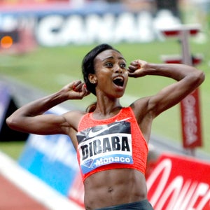 Ethiopia's Genzebe Dibaba after winning the 1500m women's race and setting a new world record at the Herculis International Athletics Meeting.