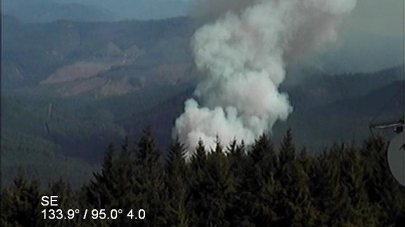 The Cable Crossing fire located east of Glide, Oregon. It started this week and has burned about 270 acres. This image was taken by a Douglas Forest Protective Association fire detection camera 20–30 minutes after the fire started.