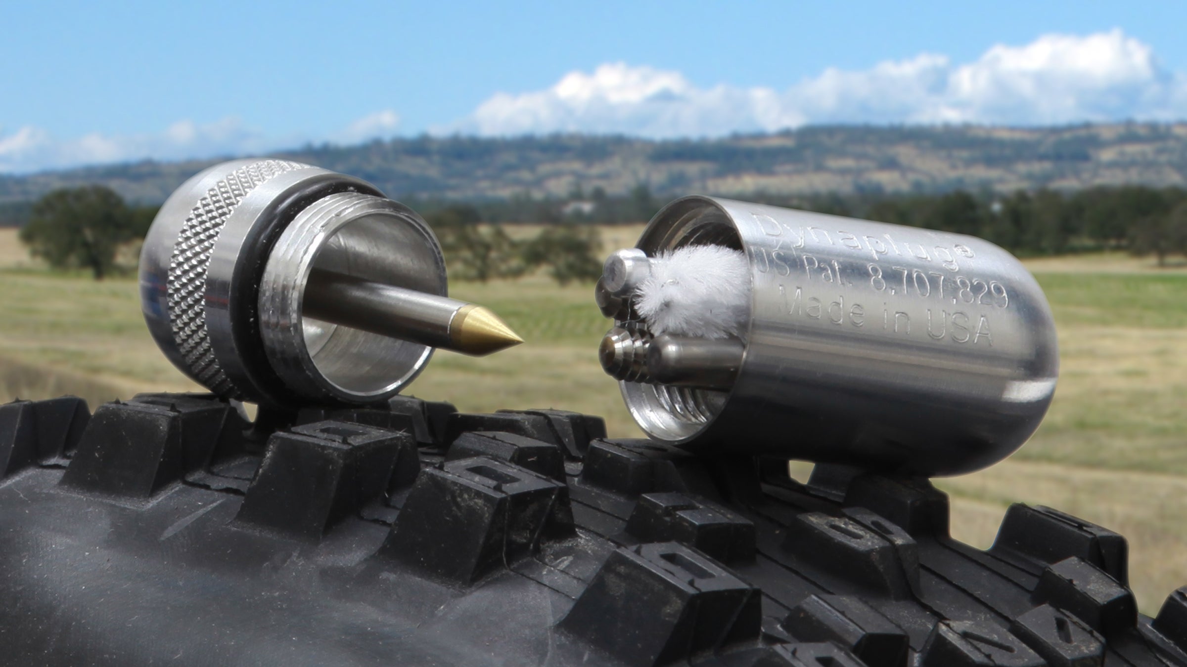 The Dynaplug kit comes with five brass-tipped rubber plugs that will seal large holes in tubeless tires.