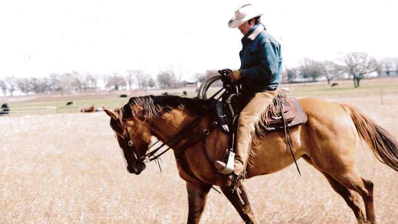 Author Will Grant on his mare Dunny near Bowie, Texas.