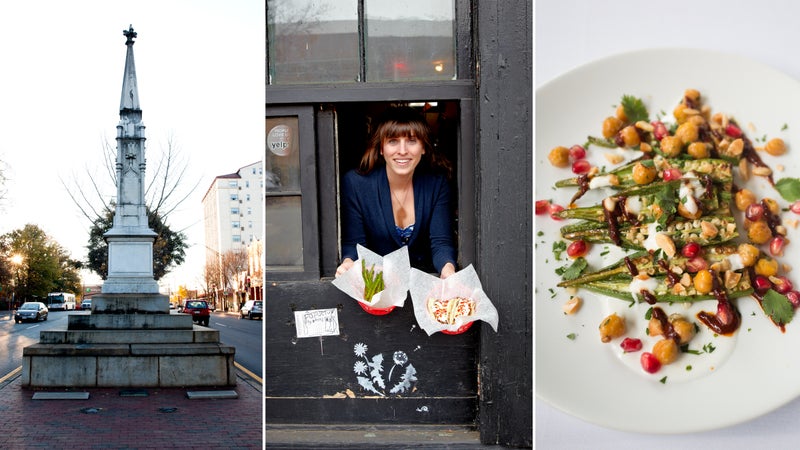 From left: Downtown Athens; White Tiger's to-go window; charred okra and chickpeas at the National.